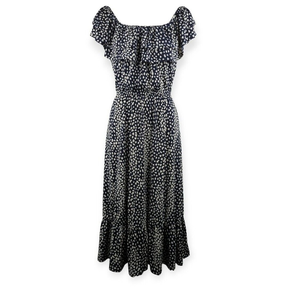 Silkfred Jolie Moi Navy Blue Animal Print Dress Off Shoulder Ruffle Tiered 8 12